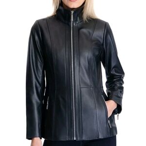 Michael Kors Black Genuine Leather Zip-Front Jacket – Size Large - EUC